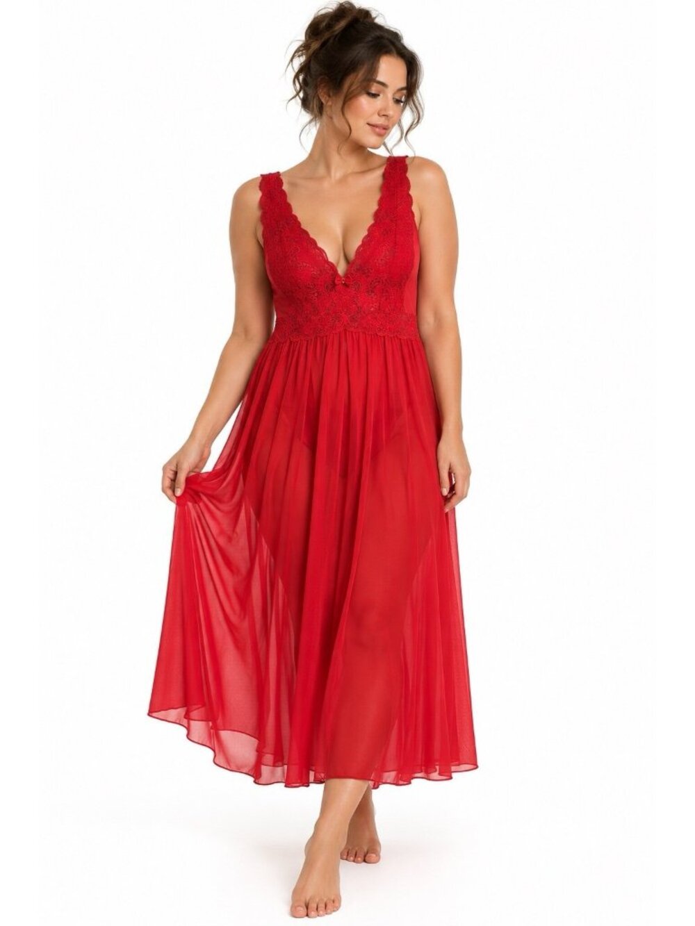 vintage 70s 80s SHADOWLINE red nylon nightgown LARGE lace lingerie sleepwear